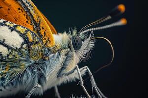 A close up of a butterfly with orange and white markings photo