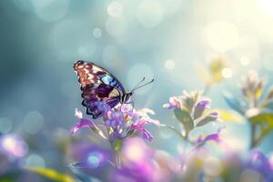 A butterfly is sitting on a purple flower photo