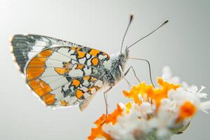 A butterfly with orange and white spots on it photo