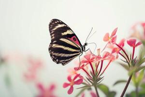 A black and white butterfly is sitting on some pink flowers photo