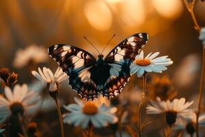 un mariposa es sentado en un margarita campo foto