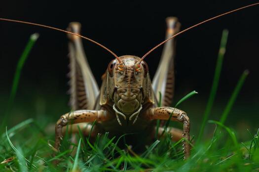 A grasshopper is standing in the grass photo