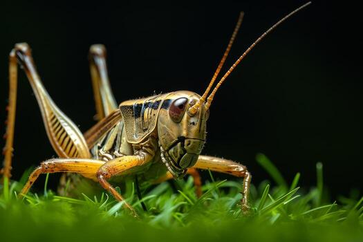 A grasshopper is standing on the grass photo
