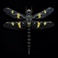 A dragonfly with yellow and black stripes on its wings photo