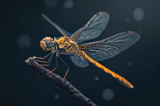 A dragonfly is perched on a branch in the rain photo