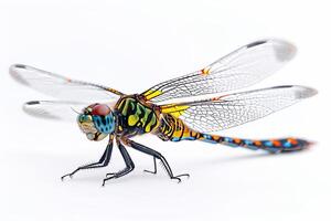 A dragonfly with colorful wings on a white background photo