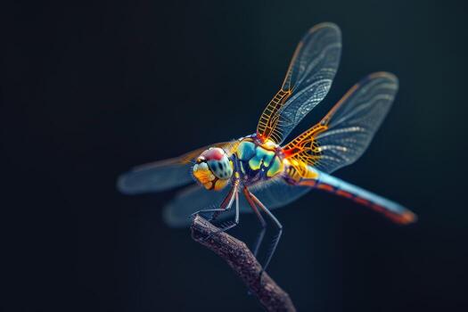 A dragonfly with colorful wings is perched on a branch photo
