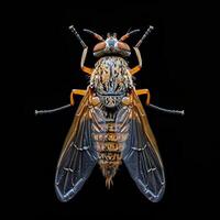 A fly with orange and black wings on a black background photo