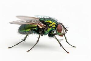 A green fly with red eyes on a white background photo