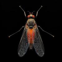 A fly with red and orange wings on a black background photo