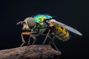 A fly with green and blue wings sitting on a piece of wood photo