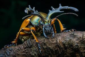 A large beetle with large horns on its head photo