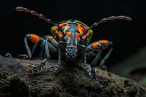 A colorful bug with orange and black stripes photo