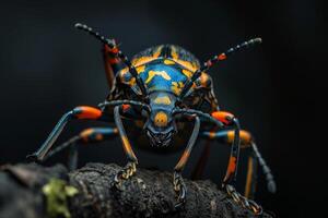 A colorful bug with orange and black stripes photo