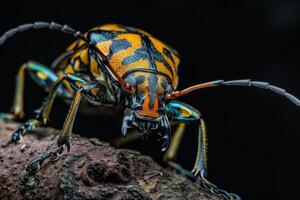 A close up of a beetle with black and orange stripes photo
