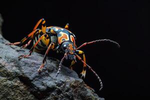 A colorful bug with black and orange stripes on its back photo