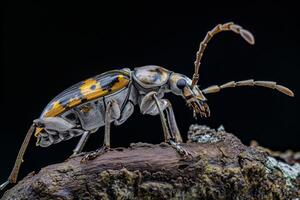 A beetle with yellow and black stripes on its back photo