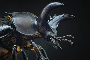 A close up of a beetle with large horns photo