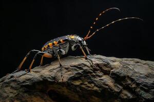 A bug with long legs and a black and white body photo