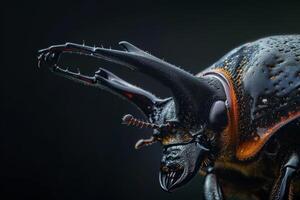 A close up of a beetle with its head and body covered in water photo