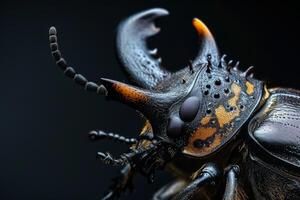 A close up of a beetle with a long horn photo