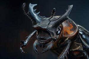 A close up of a beetle with large horns photo