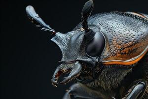 A close up of a beetle with a black and orange head photo