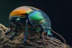 A colorful beetle is sitting on a rock photo