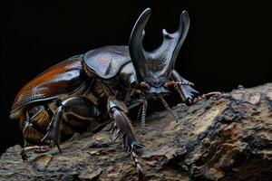 A large beetle with long horns on its back photo