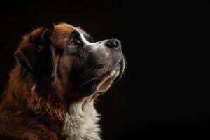 A close up of a dog looking up photo