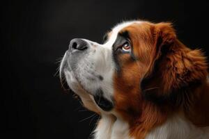 A close up of a dog looking up photo