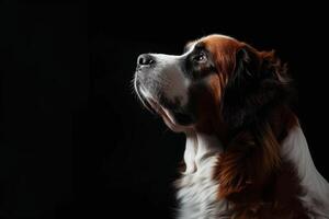 A dog is looking up at something on a black background photo