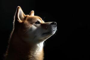 A dog is looking up in the dark photo