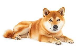 A dog is laying down on a white background photo