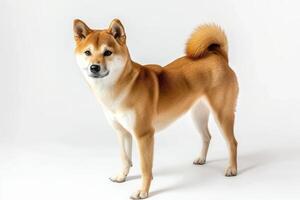 A dog is standing in front of a white background photo