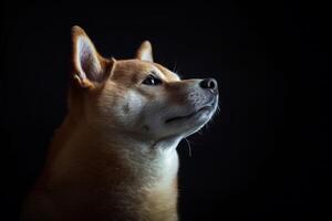 A dog is looking up in the dark photo