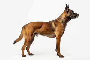 A belgian malinois dog standing in front of a white background photo