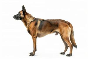 A large dog standing in front of a white background photo