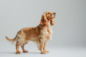 An english cocker spaniel standing on a gray background photo
