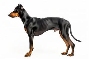 A doberman dog standing in front of a white background photo