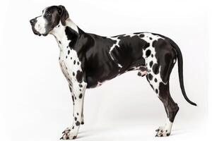 A great dane dog standing in front of a white background photo