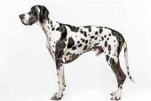 A great dane dog standing in front of a white background photo