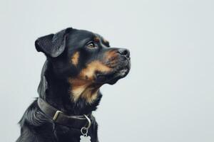 A rotweiler dog is looking up at something photo