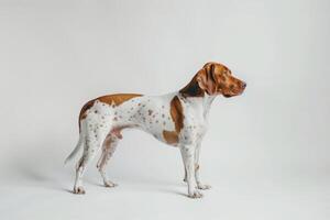 A brown and white dog standing on a white background photo