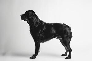 A black dog standing in front of a white background photo
