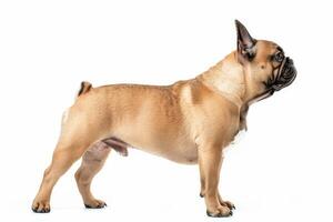 A brown and tan french bulldog standing on a white background photo