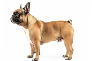 A brown and white french bulldog standing on a white background photo