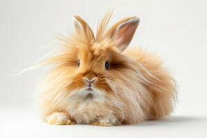 A fluffy orange rabbit with long hair sitting on a white background photo
