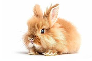 A small brown rabbit is sitting on a white background photo