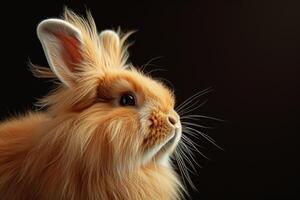 A fluffy orange rabbit with long hair on a black background photo